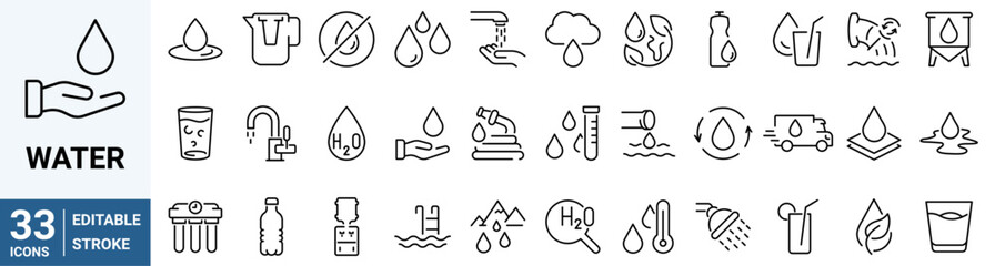 water linear icon collection. Drop Water, Mineral Water, Low and High Tide, Shower, Plastic Bottle and Glass. Editable stroke. Vector illustration