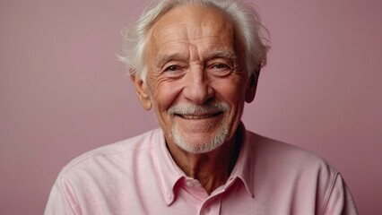 Gray-haired elderly man in stylish club clothes on a pink background.