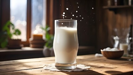 A glass of milk, perfectly chilled and adorned with a delicate swirl of steam rising from its surface, sitting on a rustic wooden table in a sunlit kitchen.