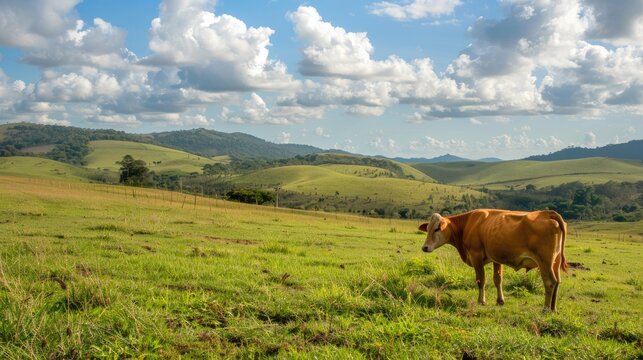 A Gir cow grazes peacefully in a stunning brachiaria pasture amidst the picturesque Brazilian countryside a country renowned as one of the globe s leading producers of beef and dairy produc
