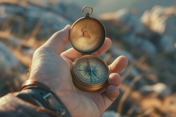 A person holding a compass for direction finding. Suitable for travel and exploration concepts