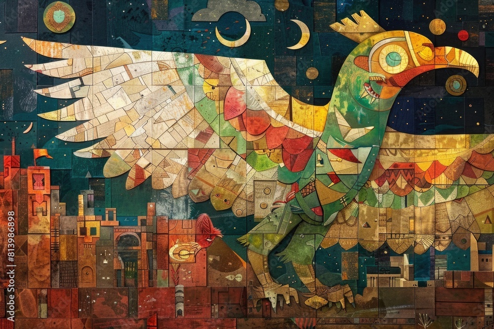 Poster a painting of a bird with a city in the background. suitable for various design projects