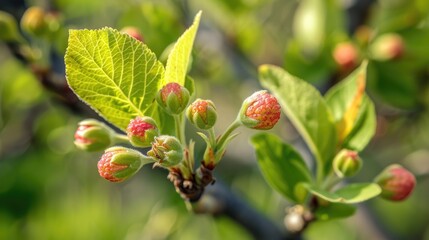 A garden grown tree reveals budding fruit among new leaf growth