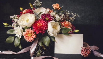 Vintage florals, greeting card mockup. Garden flowers on black background. Floral bunch for interior