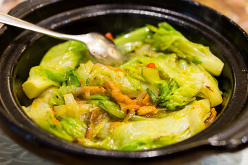 Fry vegetable with dry shrimp in the bowl