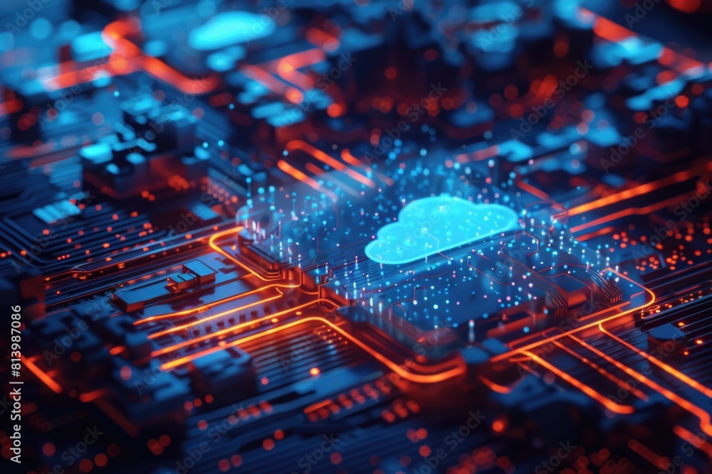 Poster cloud hovering over a modern electronic circuit board. suitable for technology concepts