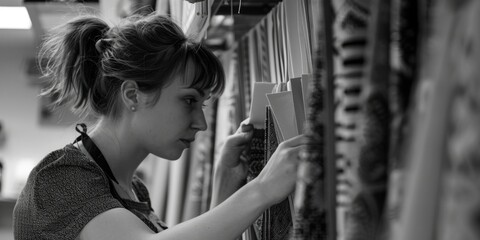 A woman examining a wall of fabric. Suitable for textile industry concepts