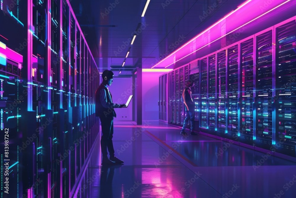 Aufkleber a man standing in a server room with neon lights. perfect for technology and cybersecurity concepts