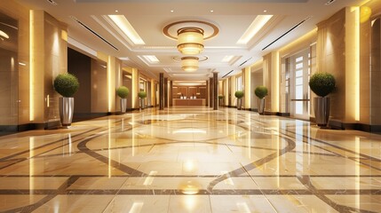 Elegant luxury hotel lobby with high ceilings, glossy marble floors, and ornamental plants.