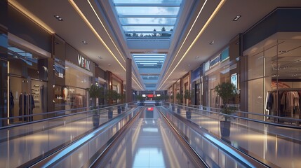 Fototapeta premium Modern shopping mall interior with illuminated storefronts, glossy floors, and a sky-lit ceiling.