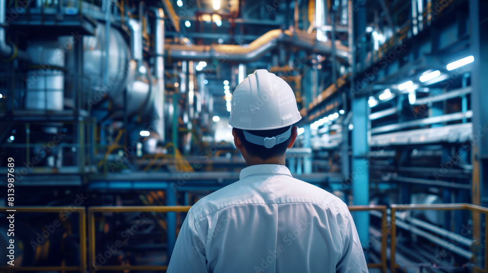 Wall mural rear view of an engineer in a hard hat overlooking an industrial plant with complex machinery.