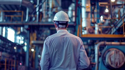 Fototapeta premium Rear view of a male engineer in a hard hat inspecting an industrial facility with complex machinery.