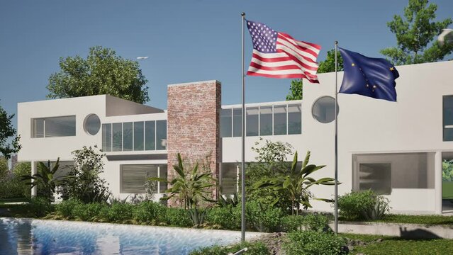 Modellazione 3D e video di edificio reaidenziale con piscina  e bandiere USA e  Alaska al vento