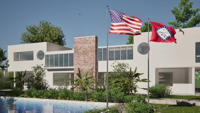 Modellazione 3D e video di edificio reaidenziale con piscina  e bandiere USA e Arkansas al vento