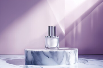 A 3D rendering of glass cosmetic bottle on a marble podium against a purple background
