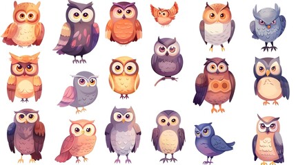 Obraz premium Whimsical Collection of Cartoon Owls in Various Colorful Styles and Poses on Branches
