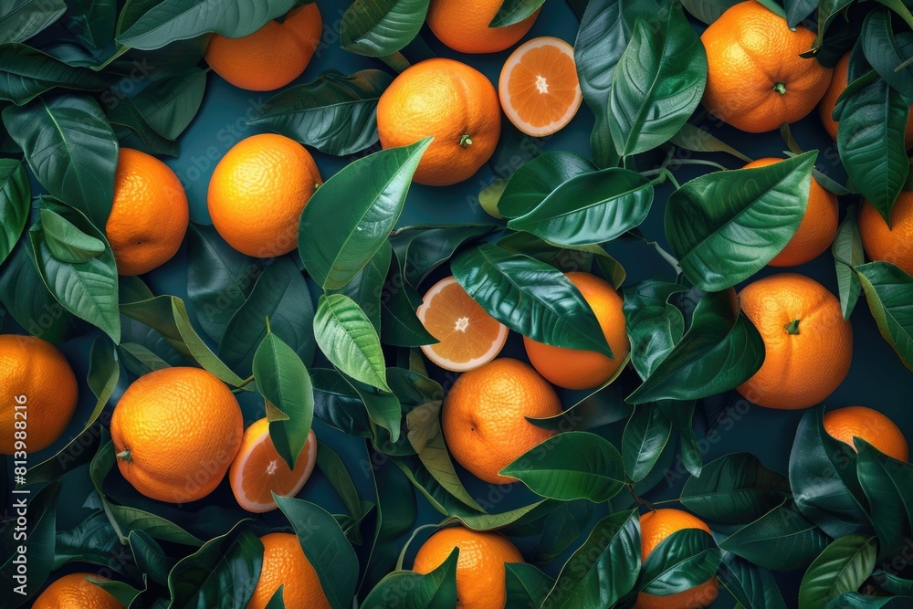 Poster fresh oranges displayed on a table, suitable for food and nutrition concepts