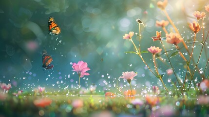 A tranquil garden scene with dew-kissed petals and fluttering butterflies, evoking a sense of gratitude for the beauty of renewal and growth.