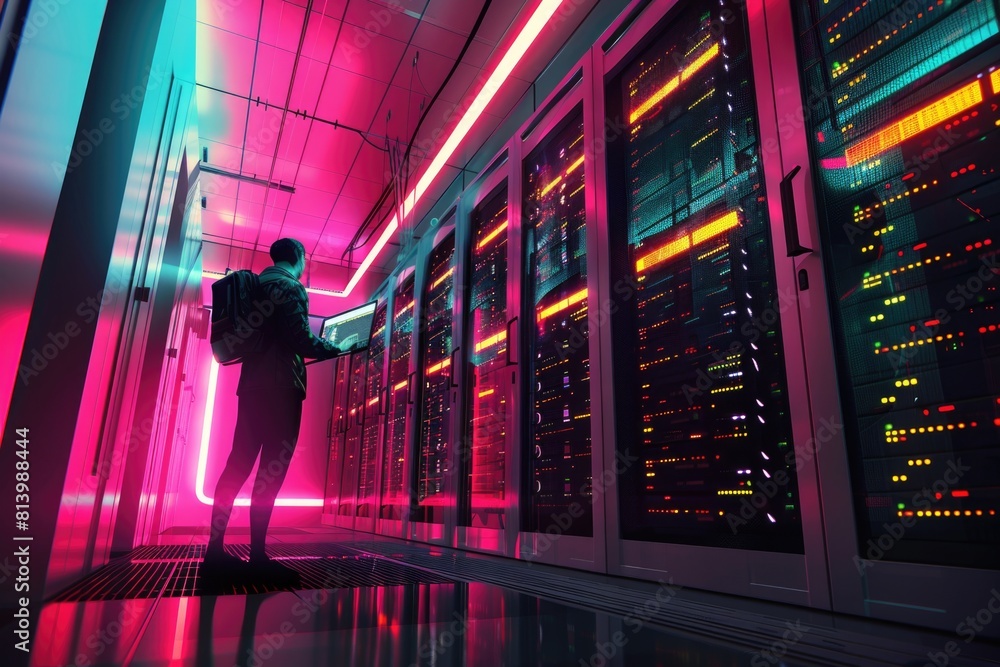 Aufkleber a man standing in a server room. suitable for technology concepts
