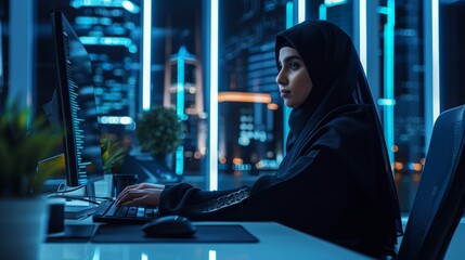 Obraz premium Muslim woman in hijab working at a computer in a modern office with city lights in the background.