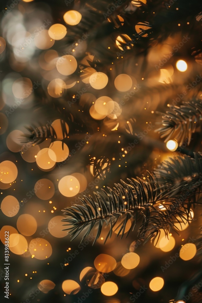 Poster Festive close up of a Christmas tree with twinkling lights. Ideal for holiday concepts