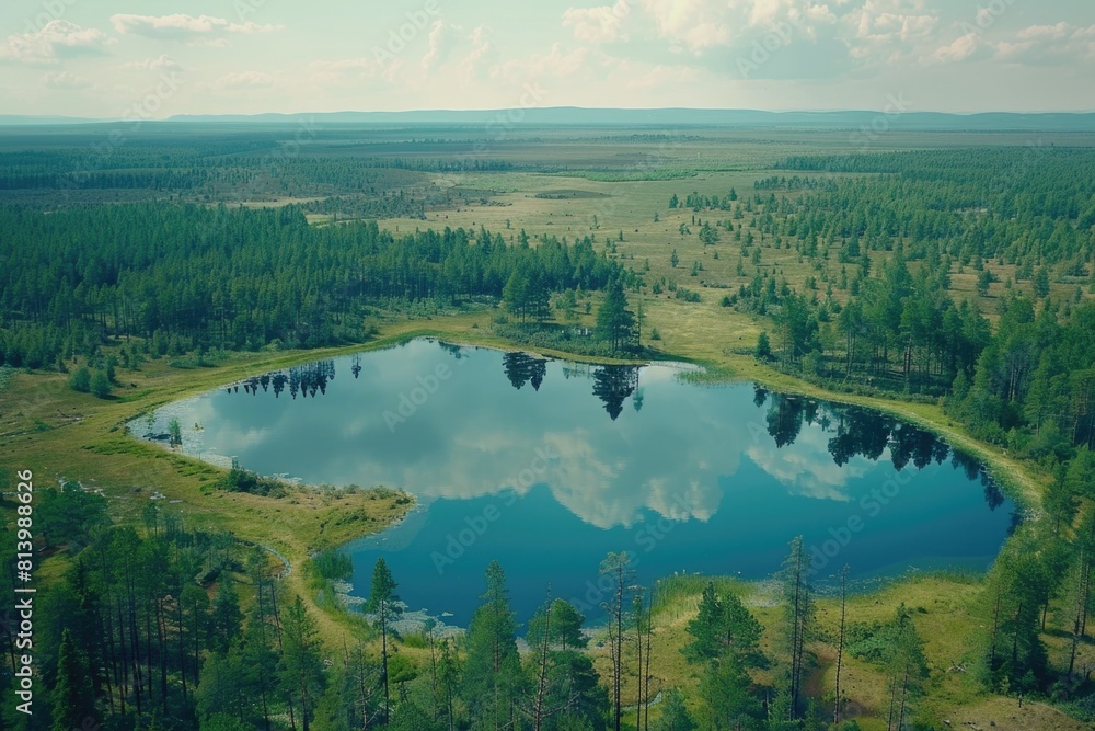 Poster aerial view of a serene lake surrounded by lush trees. suitable for nature and travel concepts
