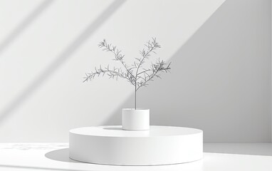 Minimalist Theme Simple white podium against a stark white background, clean lines with minimal shadow, embodying the essence of minimalist design.