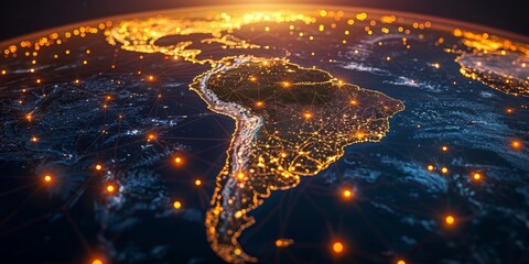 Digital map of South America with global network connections and glowing lights, representing the interconnectivity of AI in national trade and marketing strategies