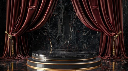 Luxury Black Theme Sleek podium with polished black marble, gold accents gleaming in the soft spotlight, rich velvet drapes in deep burgundy framing the luxurious backdrop.