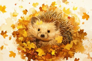 A hedge sitting in a pile of leaves, suitable for autumn themes