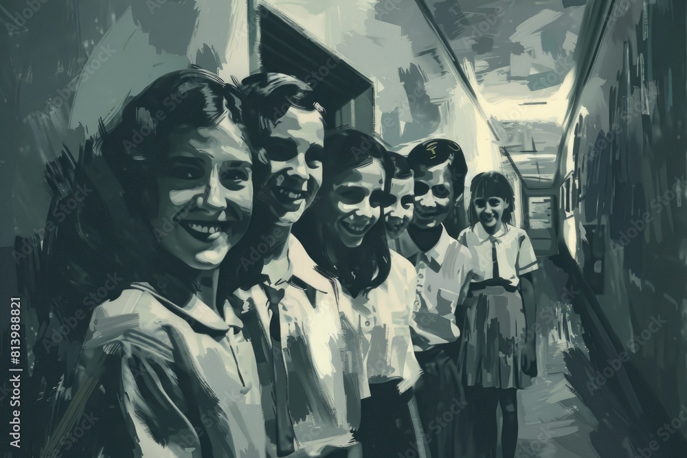 Poster a group of people standing next to each other. suitable for various group and teamwork concepts