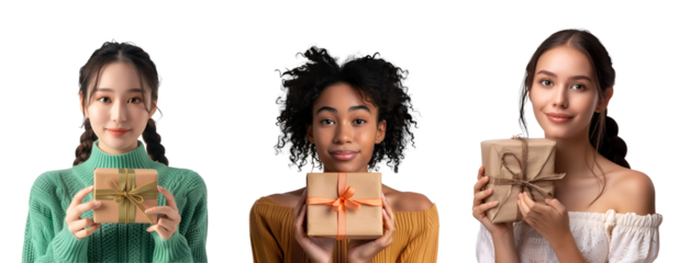 Brunette, Black, Asian, American Women: A Diverse Set Holding a Gift Box, Isolated on Transparent Background, PNG