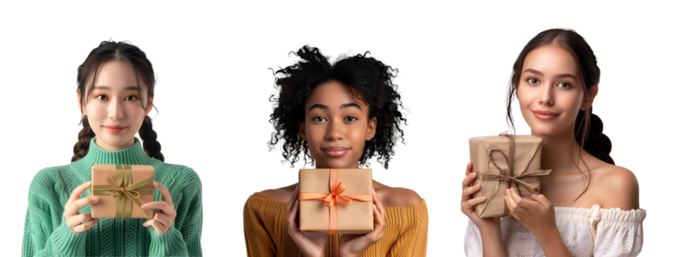 Brunette, Black, Asian, American Women: A Diverse Set Holding a Gift Box, Isolated on Transparent Background, PNG
