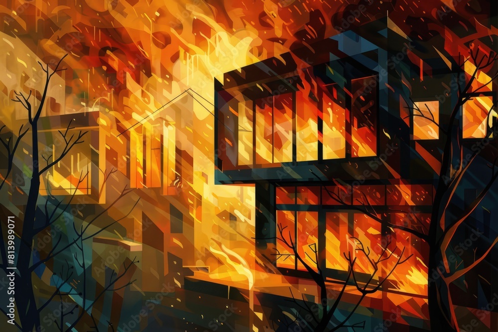 Poster a dramatic image of a burning building in the city. ideal for illustrating emergency situations