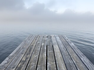 A wooden pier is shown with a foggy sky in the background