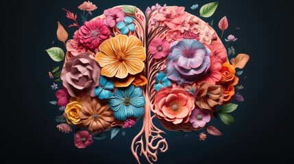 human brain organ with blooming flowers