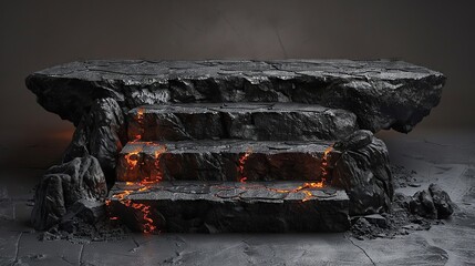 Black Rock Theme Rugged podium made from jagged black stones, surrounded by volcanic ash and lava flows, smoldering glow accentuating the stark monochrome setting.