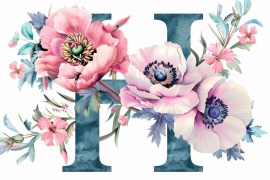 Decorative letter H adorned with delicate watercolor flowers. Perfect for invitations or personalized gifts