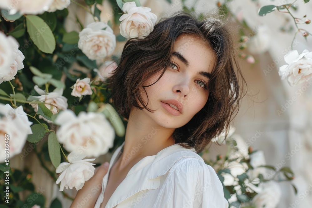 Poster a woman standing in front of a bunch of flowers. suitable for various occasions and events