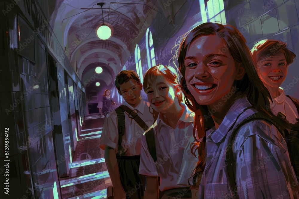 Poster a painting of a group of people standing in a hallway. suitable for various business and office conc