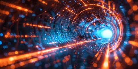 Fototapeta premium Digital technology background with blue and orange lights, glowing digital data streams in the center of abstract futuristic space tunnel or dark corridor with light particles and