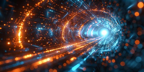 Obraz premium Digital technology background with blue and orange lights, glowing digital data streams in the center of abstract futuristic space tunnel or dark corridor with light particles and
