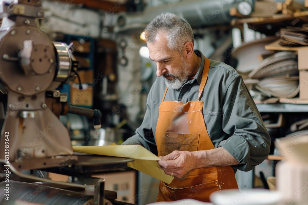 Poster a man in an orange apron working on a piece of paper. suitable for business and office concepts