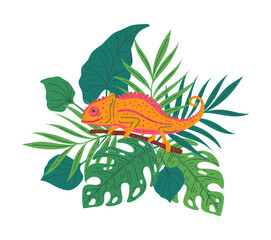 An exotic chameleon character of orange color sits on a tree branch surrounded by leaves