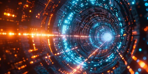 Obraz premium Digital technology background with blue and orange lights, glowing digital data streams in the center of abstract futuristic space tunnel or dark corridor with light particles and