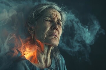 Older woman with smoke on her face, suitable for health or environmental concept