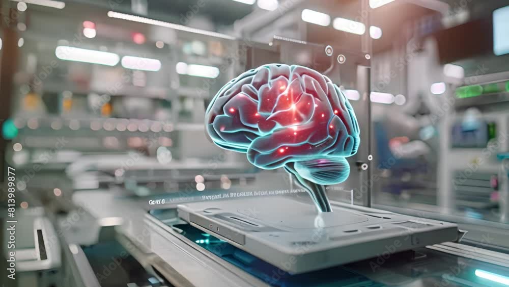 Poster A computer screen displaying data with a brain placed on top, symbolizing artificial intelligence and technology.