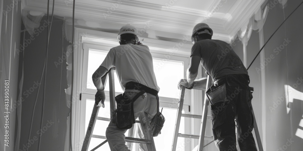 Poster two men standing on top of a ladder. suitable for business concepts