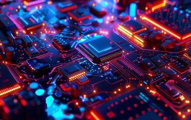 Obraz premium Technology development in a lab, UV light revealing intricate semiconductor designs, emphasizing smart devices, random notification theme, cybernetic tone, Tetradic color scheme.