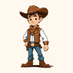 A Boy Standing Like a Cowboy with Cowboy Dress Cartoon Style